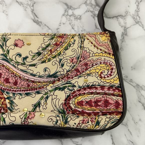 Vintage Y2k Shoulder Bag Purse Tan Pink Paisley Floral Beaded Faux Leather - Picture 2 of 8